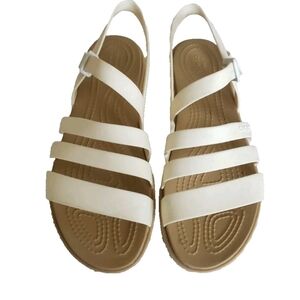 Crocs Tulum Sandals Womens Sz 8 Oyster Flats Cream Strappy Buckle Iconic Comfort
